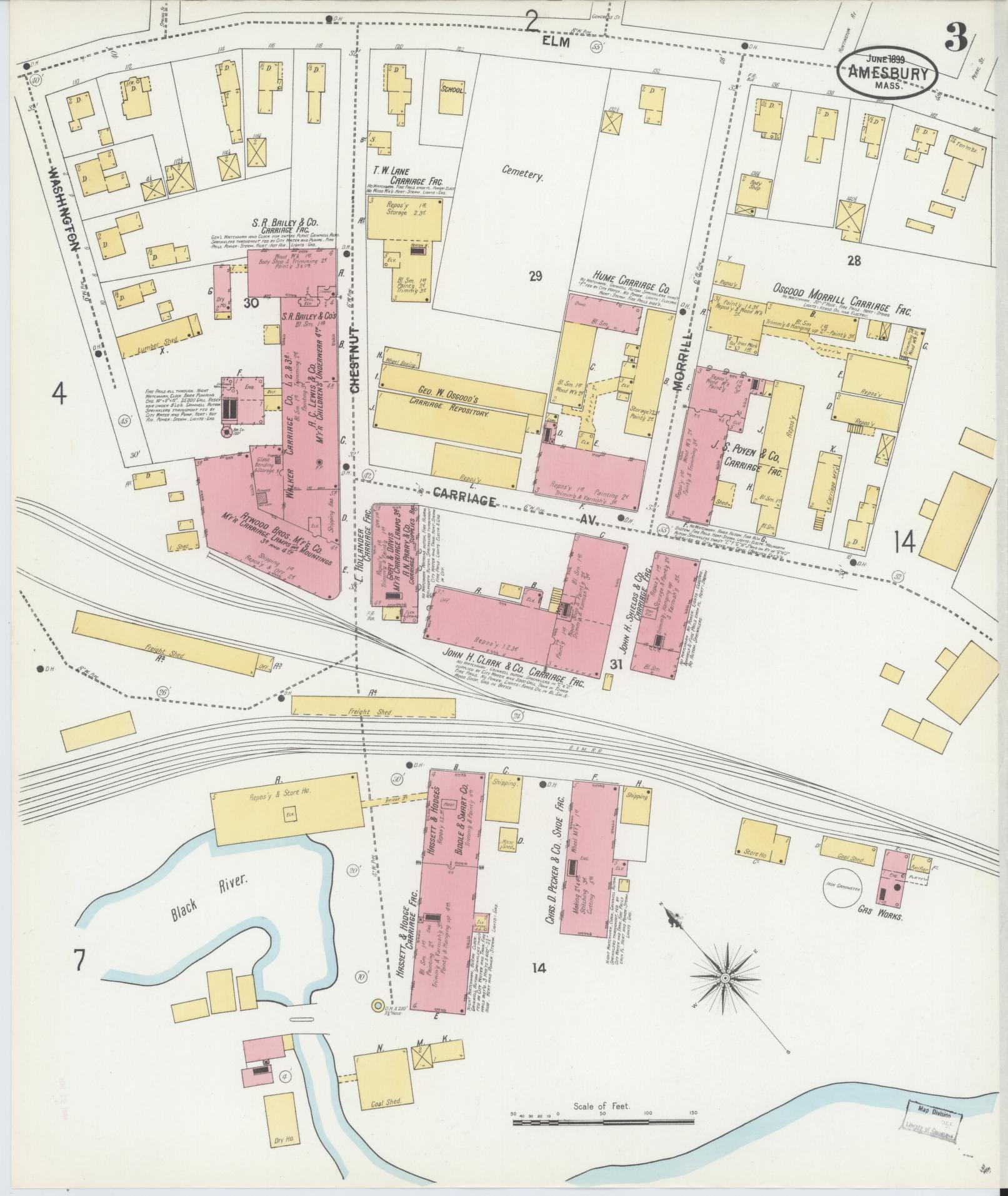 Sanborn Fire Insurance Map from Amesbury, Essex County, Massachusetts (1899), Sheet #0003 - Historic Sanborn Fire Insurance Map Print, vintage old map wall art, antique decor, genealogy gift, Massachusetts Massachusetts map
