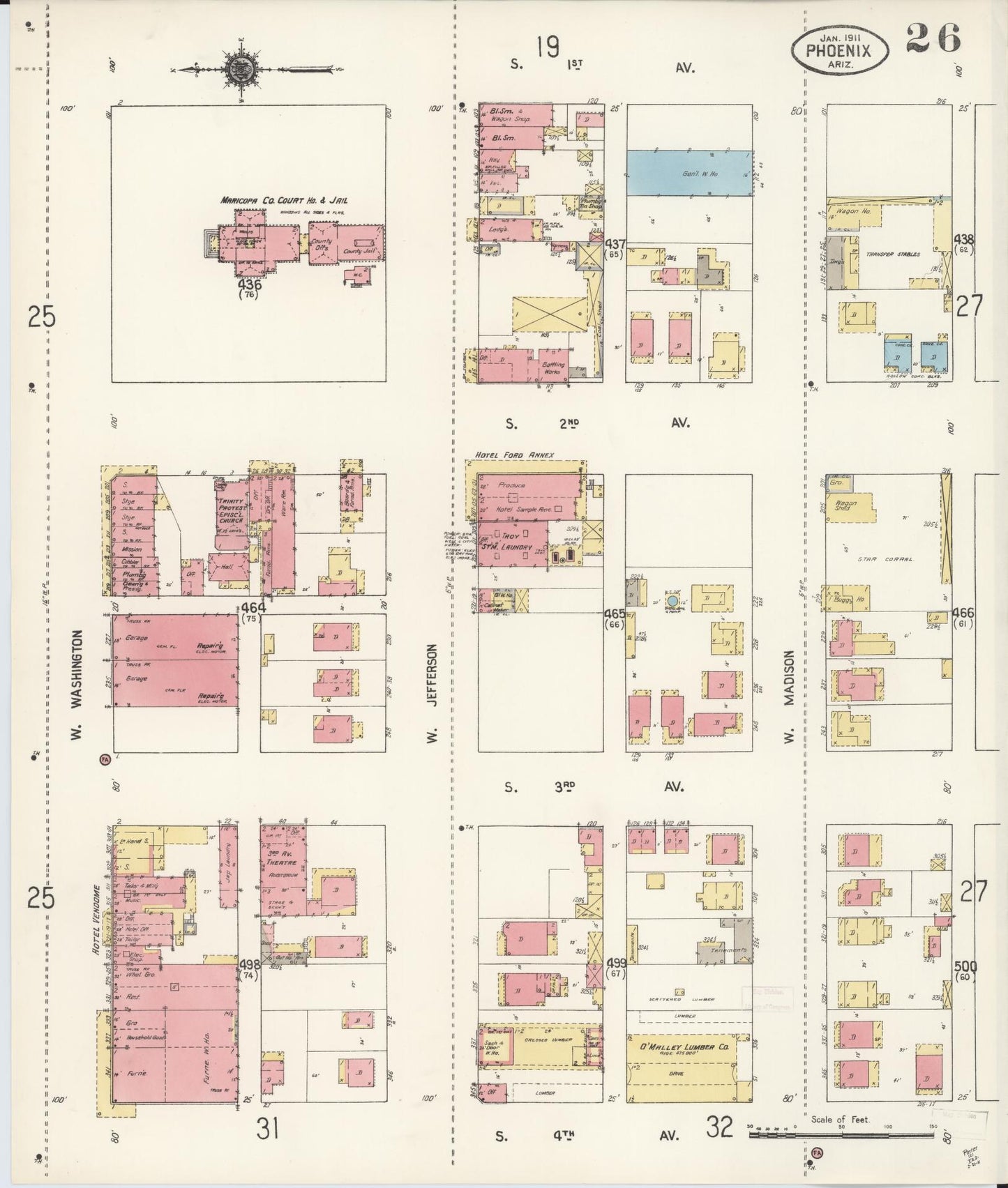Sanborn Fire Insurance Map from Phoenix, Maricopa County, Arizona (1911), Sheet #0026 - Historic Sanborn Fire Insurance Map Print, vintage old map wall art, antique decor, genealogy gift, Arizona Arizona map