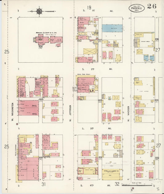 Sanborn Fire Insurance Map from Phoenix, Maricopa County, Arizona (1911), Sheet #0026 - Historic Sanborn Fire Insurance Map Print, vintage old map wall art, antique decor, genealogy gift, Arizona Arizona map
