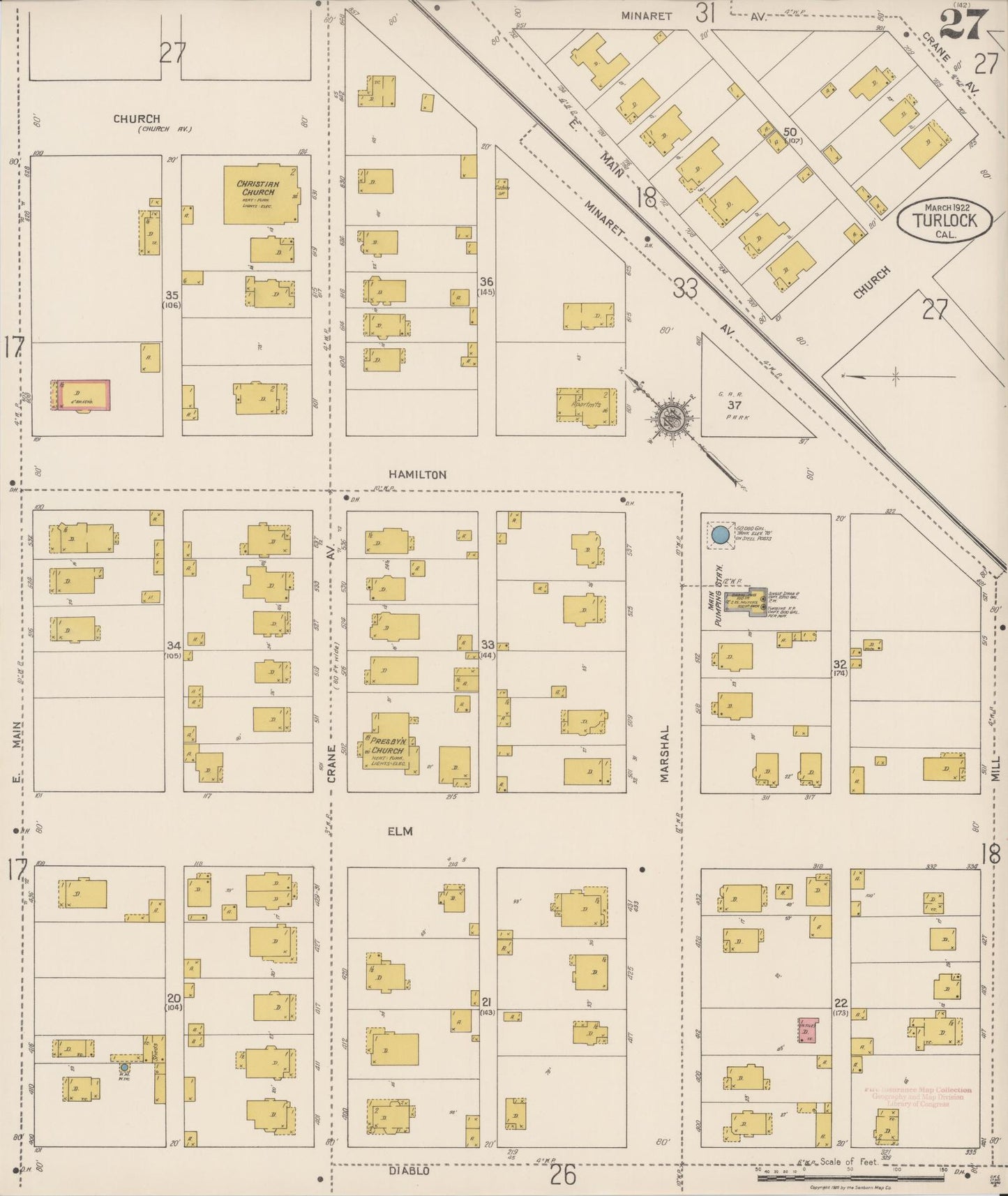 Sanborn Fire Insurance Map from Turlock, Stanislaus County, California (1922), Sheet #0027 - Complete Map Set gallery image, historic Sanborn map, vintage wall art, California California