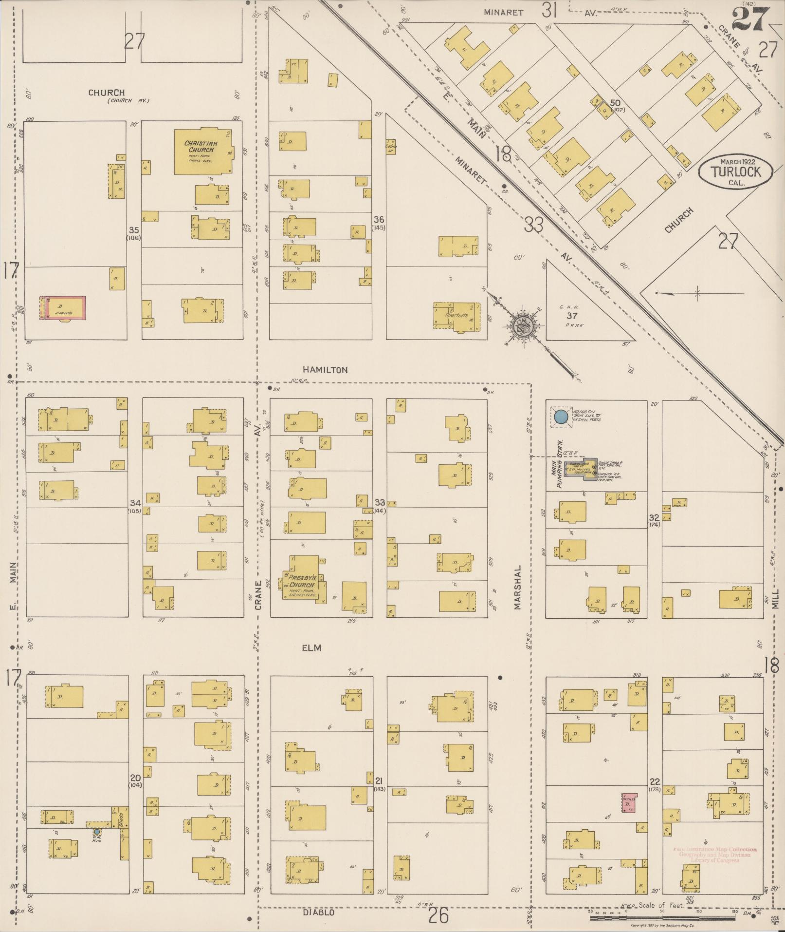 Sanborn Fire Insurance Map from Turlock, Stanislaus County, California (1922), Sheet #0027 - Complete Map Set gallery image, historic Sanborn map, vintage wall art, California California