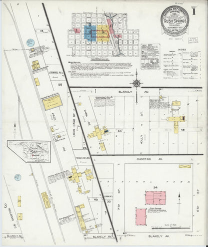 Sanborn Fire Insurance Map from Rush Springs, Grady County, Oklahoma (1922), Sheet #0001 - Complete Map Set gallery image, historic Sanborn map, vintage wall art, Oklahoma Oklahoma