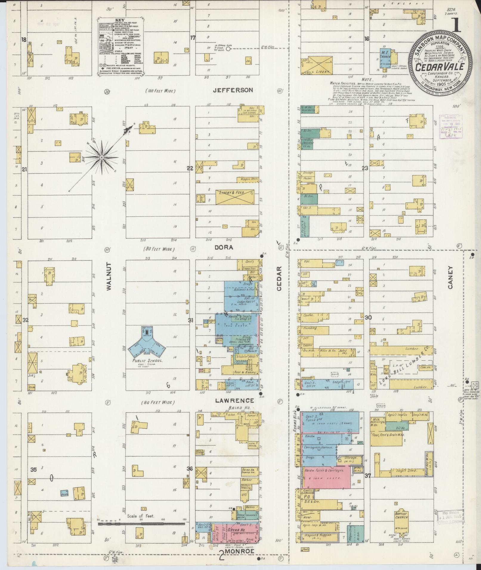Sanborn Fire Insurance Map from Cedar Vale, Chautauqua County, Kansas (1905), Sheet #0001 - Complete Map Set gallery image, historic Sanborn map, vintage wall art, Kansas Kansas