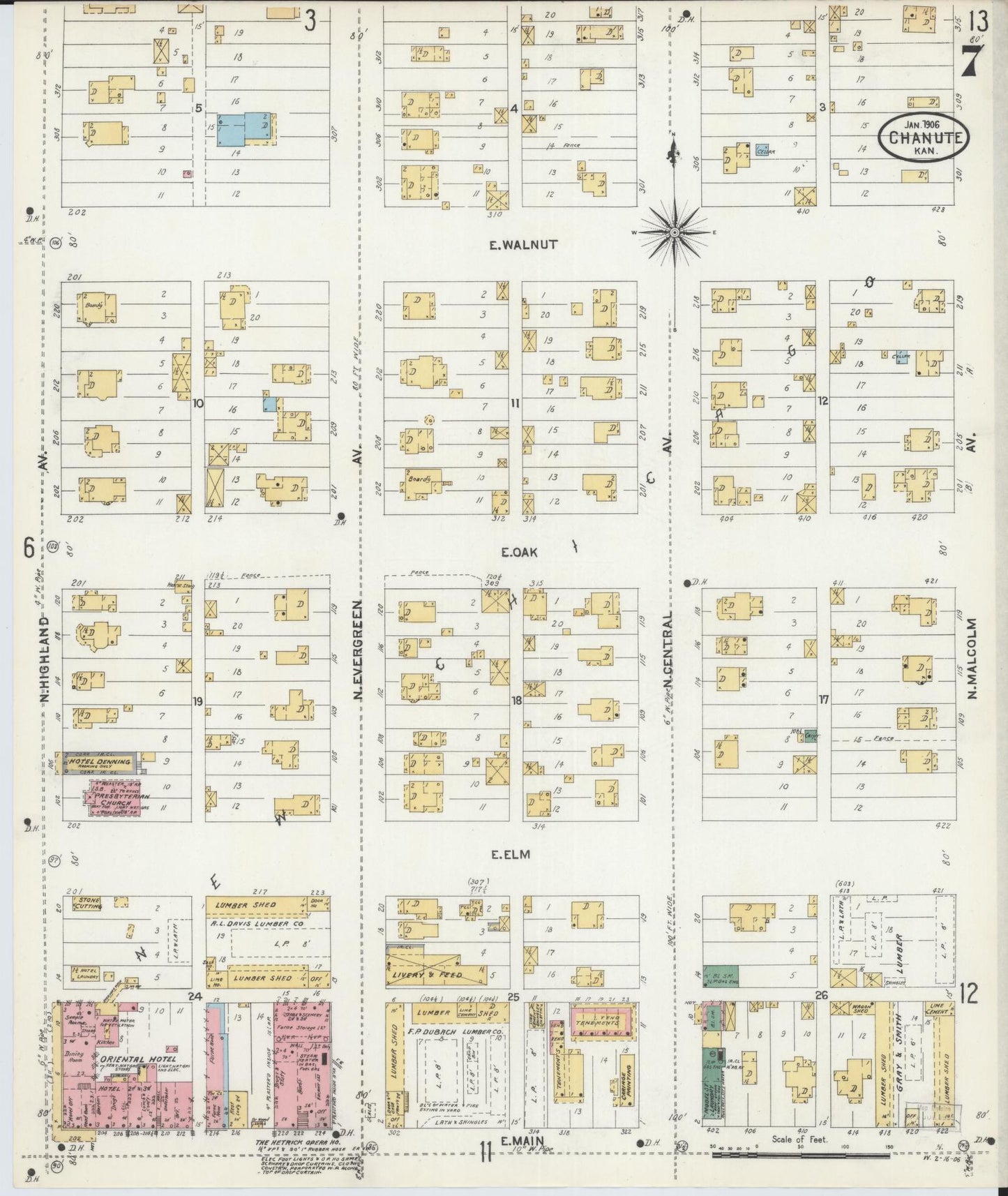 Sanborn Fire Insurance Map from Chanute, Neosho County, Kansas (1906), Sheet #0007 - Complete Map Set gallery image, historic Sanborn map, vintage wall art, Kansas Kansas