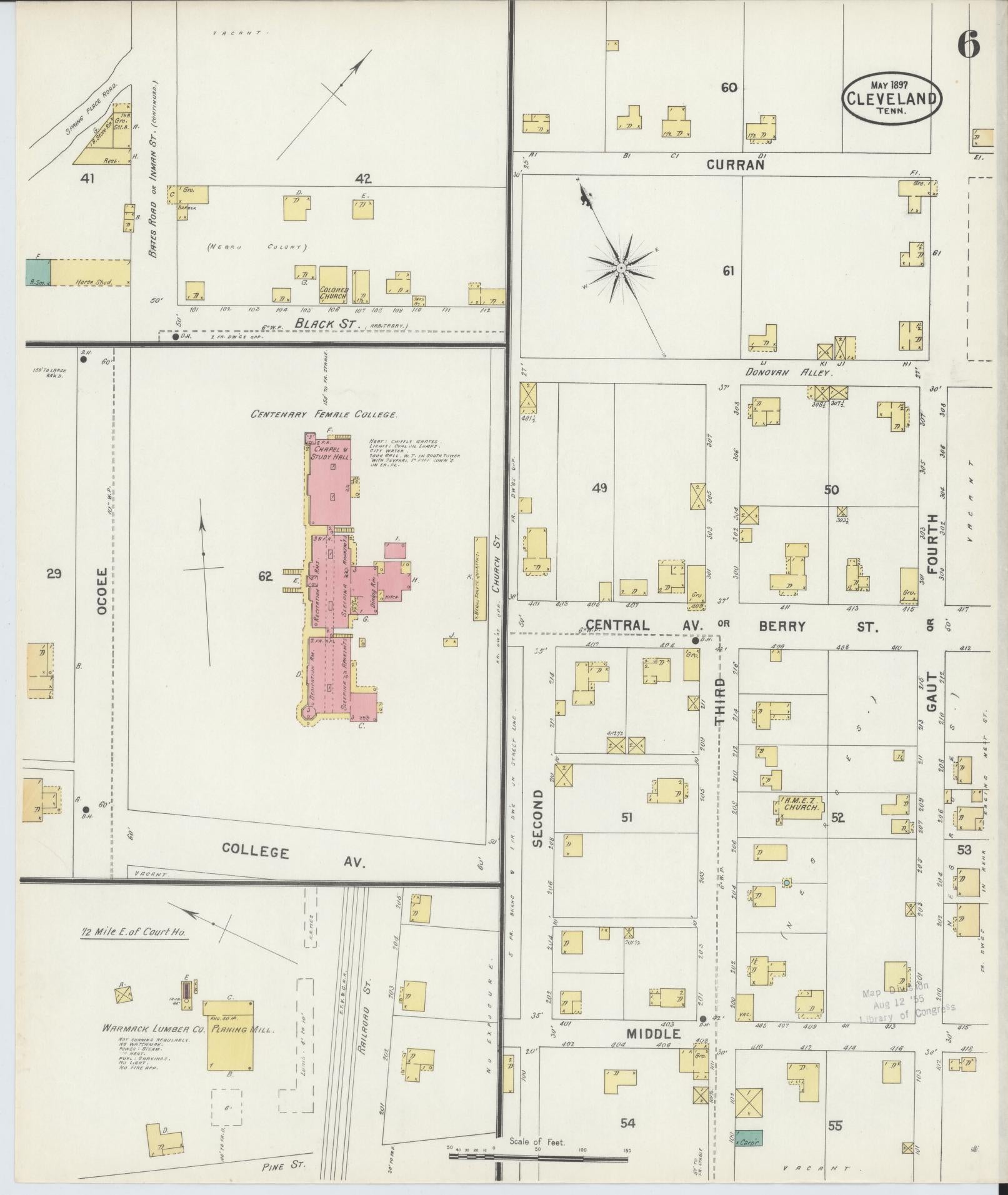 Sanborn Fire Insurance Map from Cleveland, Bradley County, Tennessee (1897), Sheet #0006 - Complete Map Set gallery image, historic Sanborn map, vintage wall art, Tennessee Tennessee