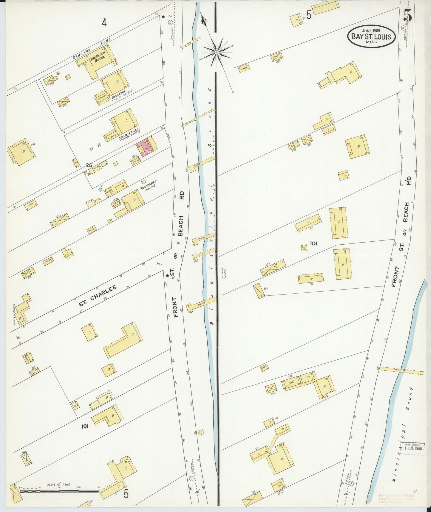 Sanborn Fire Insurance Map from Bay Saint Louis, Hancock County, Mississippi (1909), Sheet #0005 - Historic Sanborn Fire Insurance Map Print, vintage old map wall art, antique decor, genealogy gift, Mississippi Mississippi map