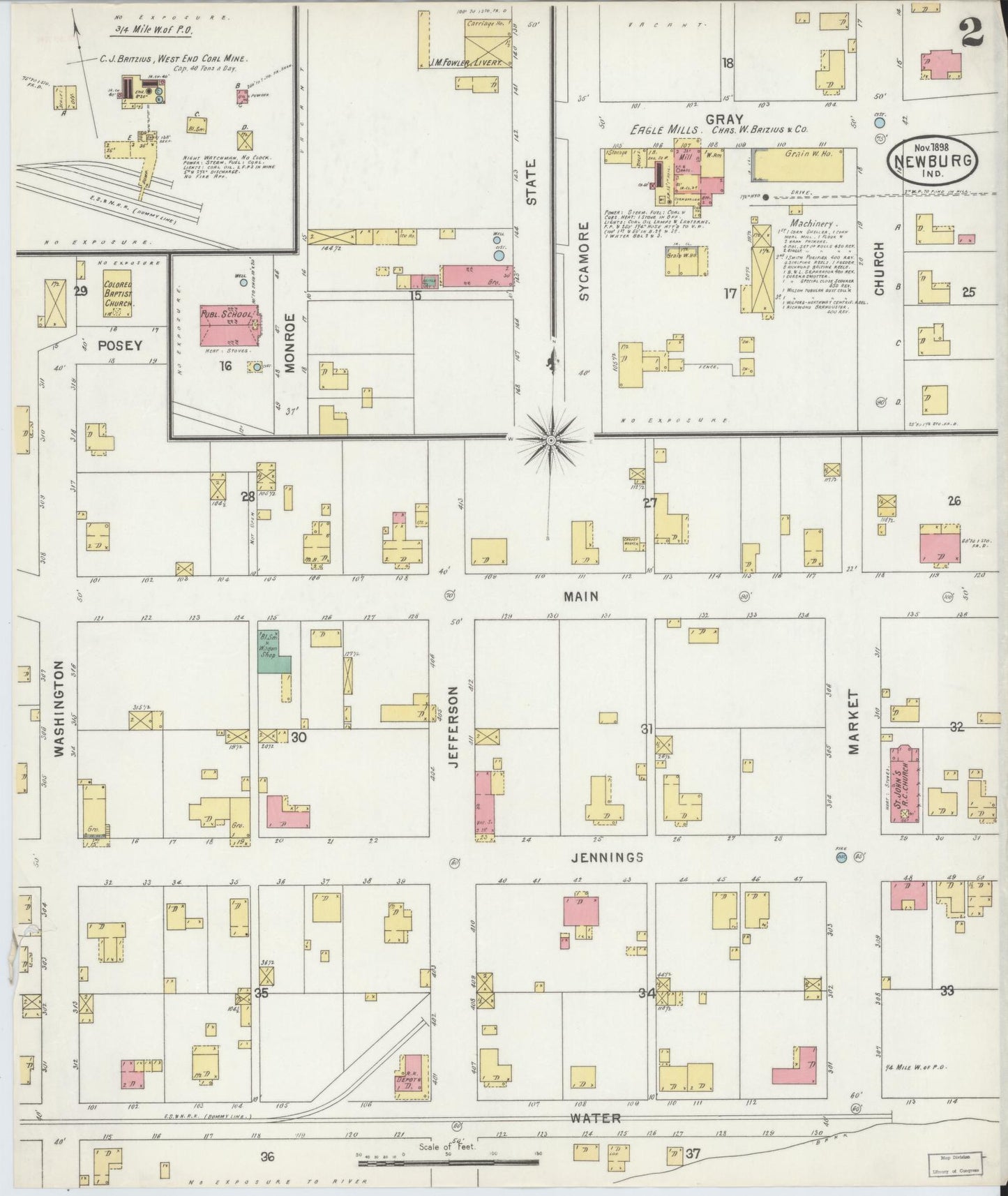 Sanborn Fire Insurance Map from Newburgh, Warrick County, Indiana (1898), Sheet #0002 - Historic Sanborn Fire Insurance Map Print, vintage old map wall art, antique decor, genealogy gift, Indiana Indiana map