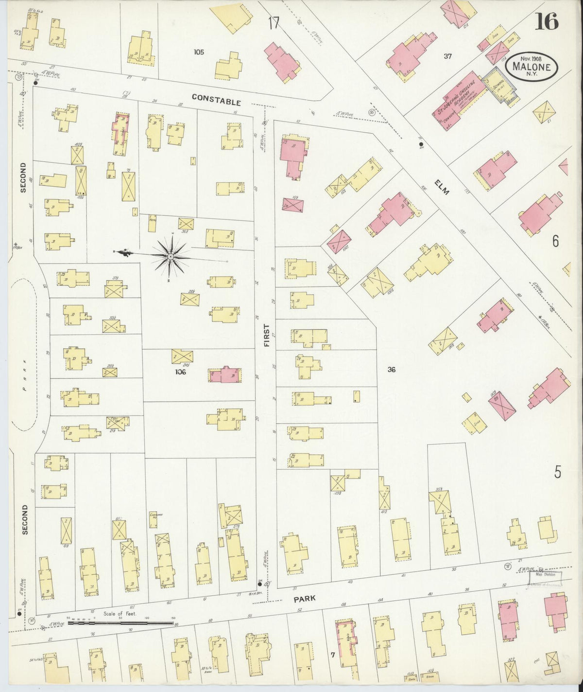 Sanborn Fire Insurance Map from Malone, Franklin County, New York (1908), Sheet #0016 - Historic Sanborn Fire Insurance Map Print, vintage old map wall art, antique decor, genealogy gift, New York New York map