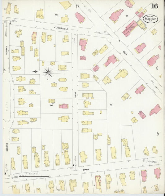 Sanborn Fire Insurance Map from Malone, Franklin County, New York (1908), Sheet #0016 - Historic Sanborn Fire Insurance Map Print, vintage old map wall art, antique decor, genealogy gift, New York New York map