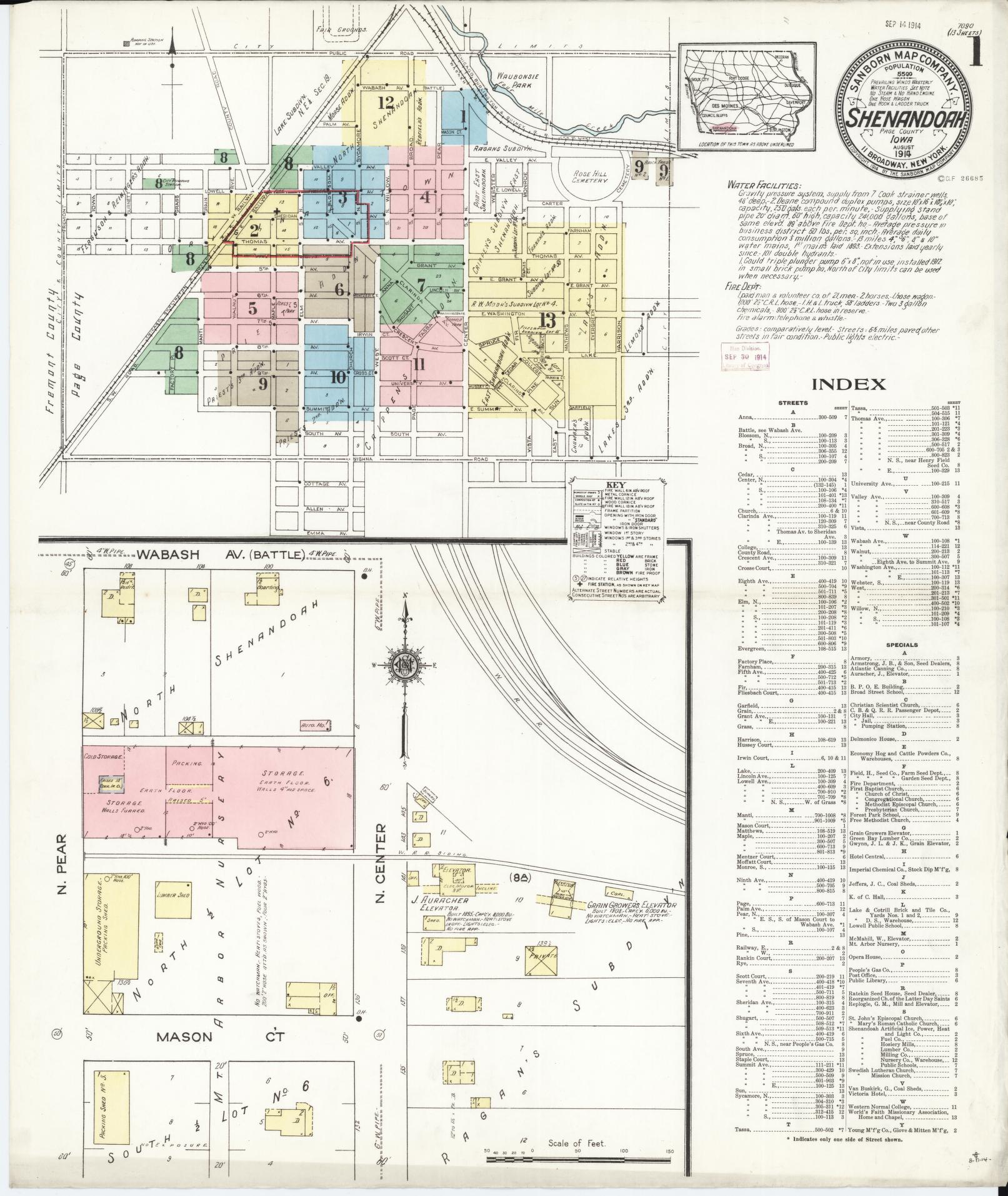 Sanborn Fire Insurance Map from Shenandoah, Page County, Iowa (1914), Sheet #0001 - Historic Sanborn Fire Insurance Map Print