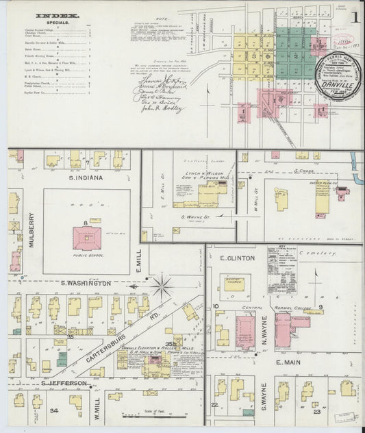 Sanborn Fire Insurance Map from Danville, Hendricks County, Indiana (1893), Sheet #0001 - Historic Sanborn Fire Insurance Map Print, vintage old map wall art, antique decor, genealogy gift, Indiana Indiana map