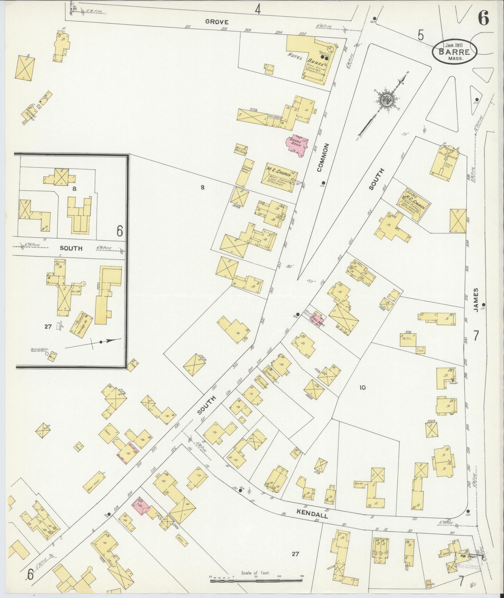 Sanborn Fire Insurance Map from Barre, Worcester County, Massachusetts (1911), Sheet #0006 - Historic Sanborn Fire Insurance Map Print, vintage old map wall art, antique decor, genealogy gift, Massachusetts Massachusetts map