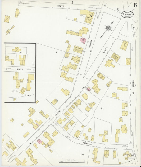Sanborn Fire Insurance Map from Barre, Worcester County, Massachusetts (1911), Sheet #0006 - Historic Sanborn Fire Insurance Map Print, vintage old map wall art, antique decor, genealogy gift, Massachusetts Massachusetts map