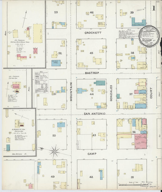 Sanborn Fire Insurance Map from Seguin, Guadalupe County, Texas (1891), Sheet #0001 - Historic Sanborn Fire Insurance Map Print, vintage old map wall art, antique decor, genealogy gift, Texas Texas map