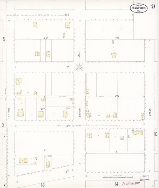 Sanborn Fire Insurance Map from Hanford, Kings County, California (1898), Sheet #0009 - Historic Sanborn Fire Insurance Map Print, vintage old map wall art, antique decor, genealogy gift, California California map