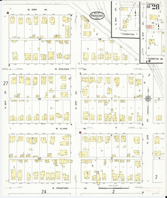 Sanborn Fire Insurance Map from Parsons, Labette County, Kansas (1911), Sheet #0028 - Historic Sanborn Fire Insurance Map Print, vintage old map wall art, antique decor, genealogy gift, Kansas Kansas map