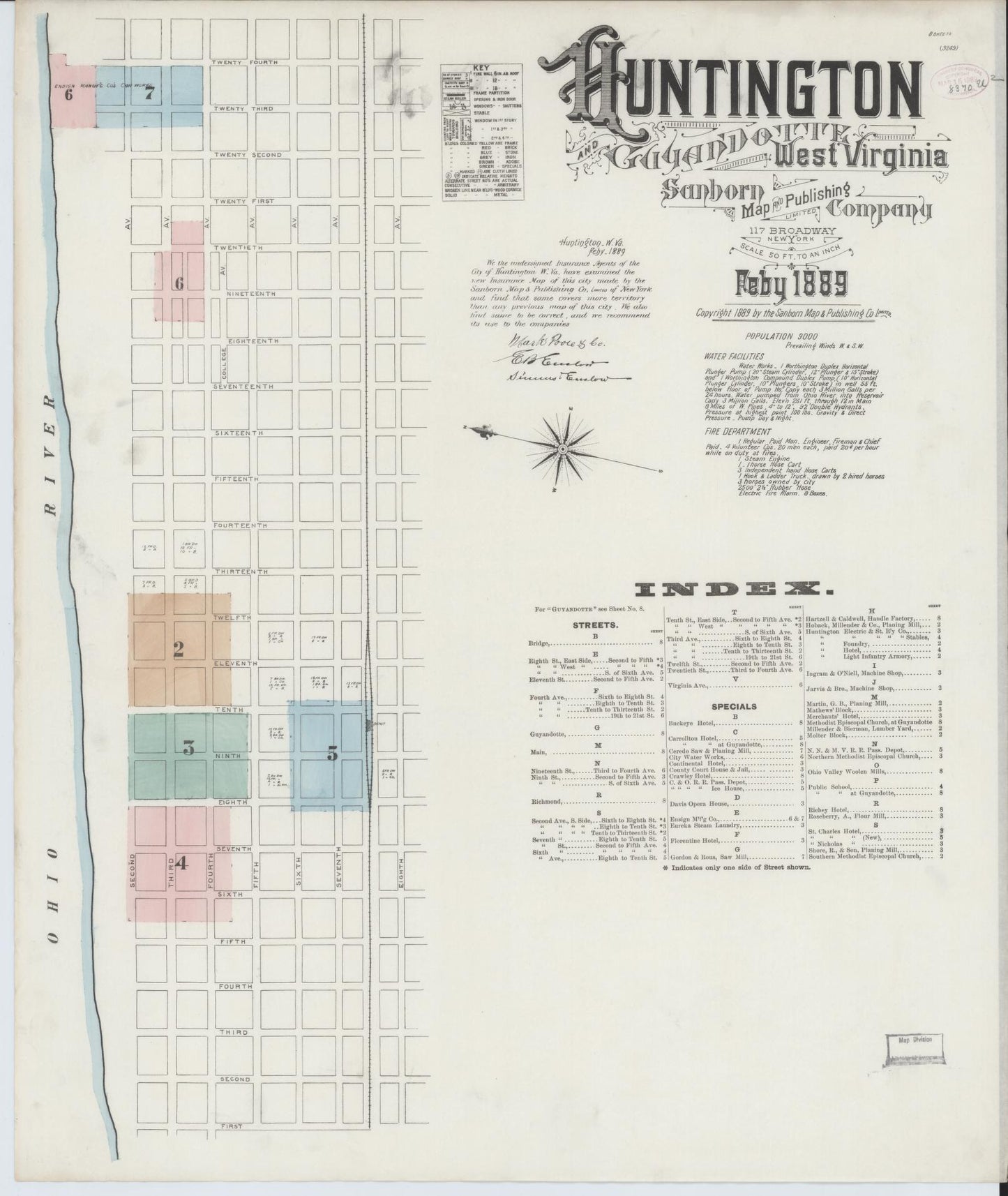 Sanborn Fire Insurance Map from Huntington, Cabell County, West Virginia (1889), Sheet #0001 - Historic Sanborn Fire Insurance Map Print, vintage old map wall art, antique decor, genealogy gift, West Virginia West Virginia map