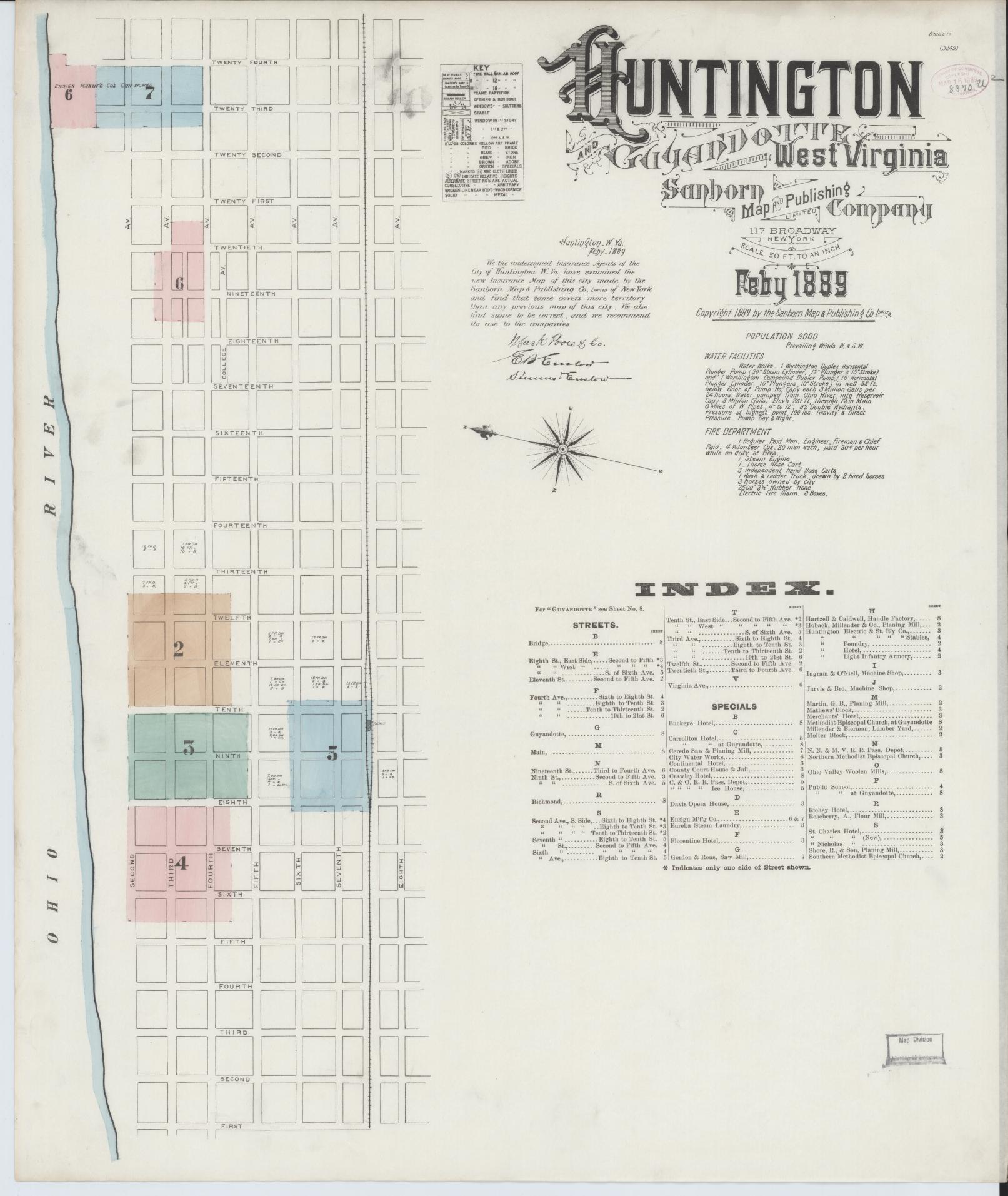 Sanborn Fire Insurance Map from Huntington, Cabell County, West Virginia (1889), Sheet #0001 - Historic Sanborn Fire Insurance Map Print, vintage old map wall art, antique decor, genealogy gift, West Virginia West Virginia map
