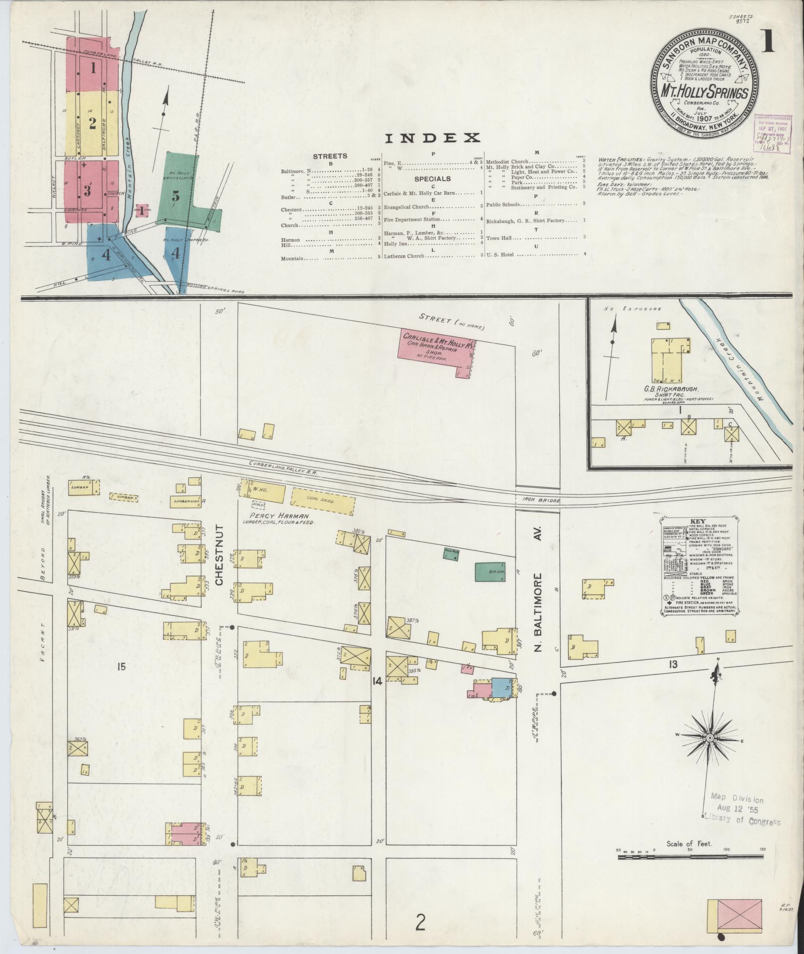 Sanborn Fire Insurance Map from Mount Holly Springs, Cumberland County, Pennsylvania (1907), Sheet #0001 - Historic Sanborn Fire Insurance Map Print, vintage old map wall art, antique decor, genealogy gift, Pennsylvania Pennsylvania map