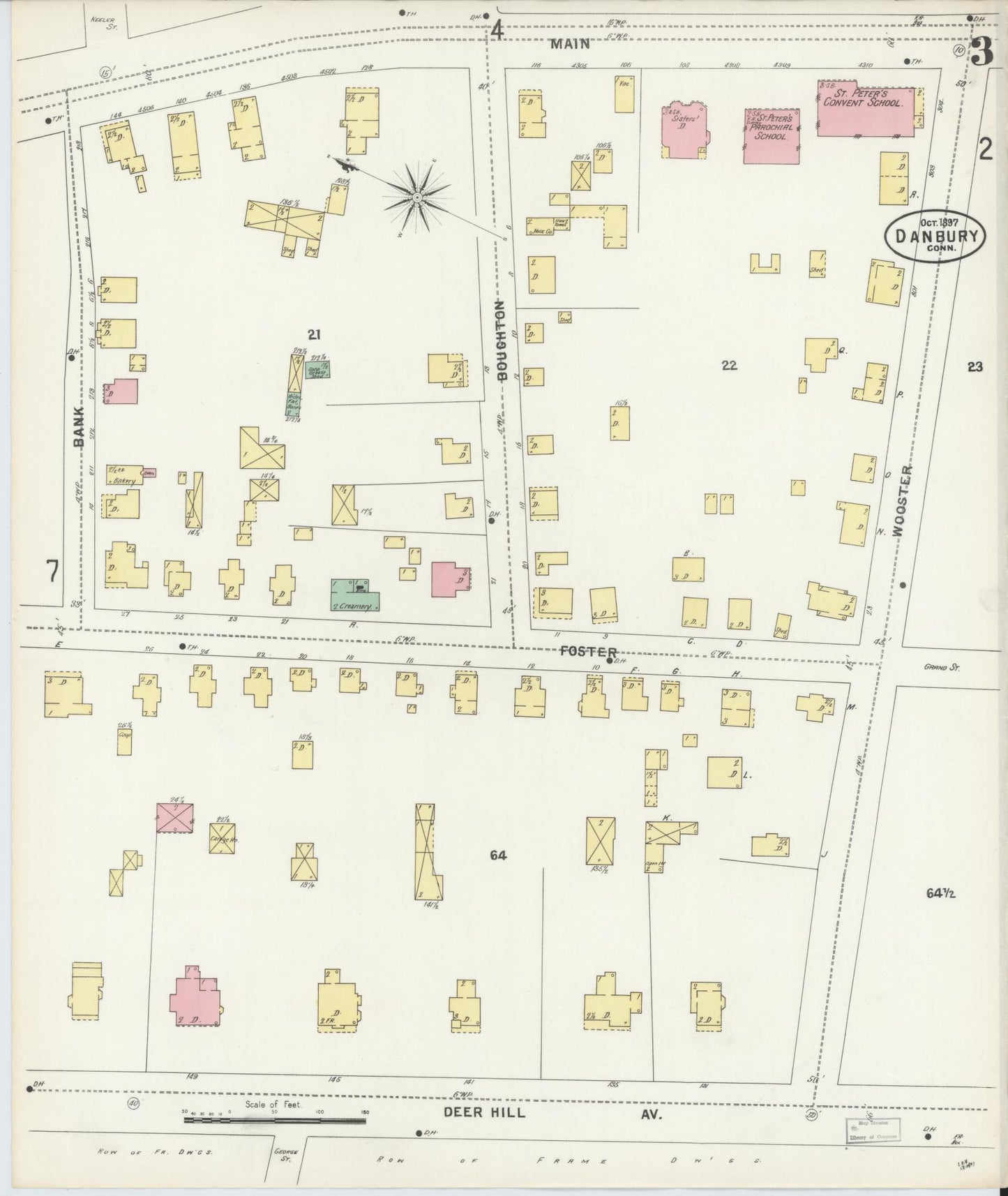 Sanborn Fire Insurance Map from Danbury, Fairfield County, Connecticut (1897), Sheet #0003 - Historic Sanborn Fire Insurance Map Print, vintage old map wall art, antique decor, genealogy gift, Connecticut Connecticut map