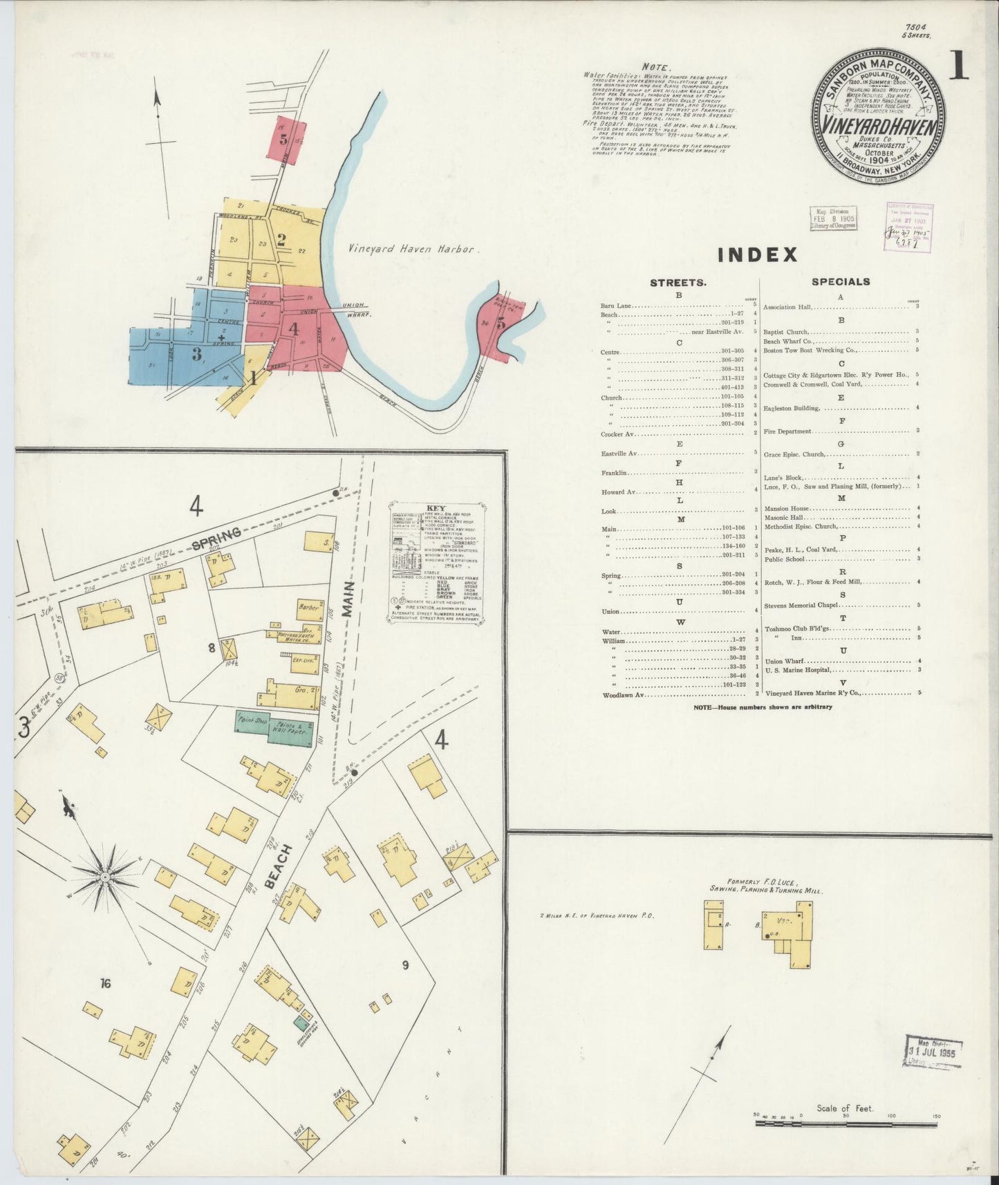 Sanborn Fire Insurance Map from Vineyard Haven, Dukes County, Massachusetts (1904), Sheet #0001 - Historic Sanborn Fire Insurance Map Print, vintage old map wall art, antique decor, genealogy gift, Massachusetts Massachusetts map