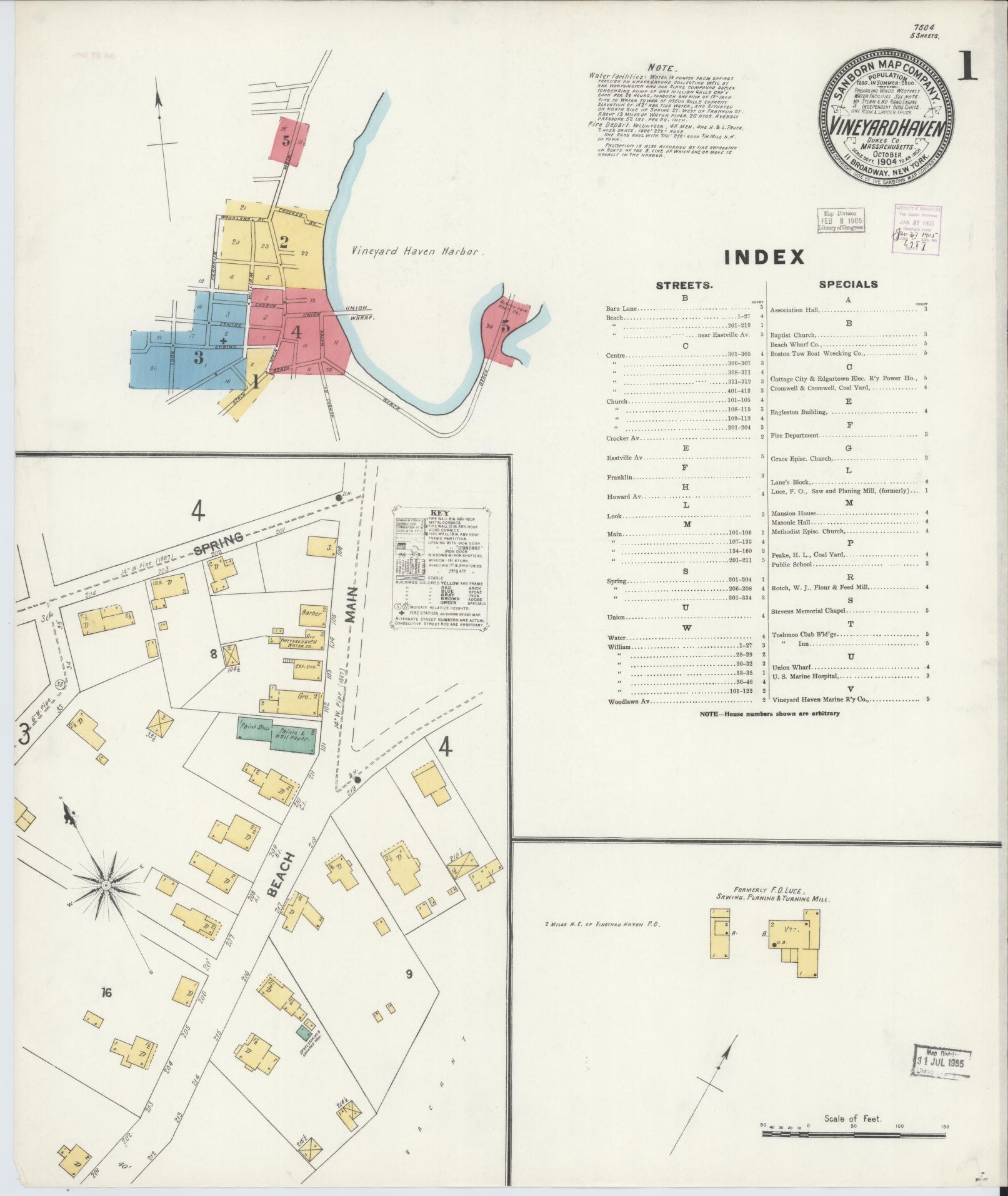 Sanborn Fire Insurance Map from Vineyard Haven, Dukes County, Massachusetts (1904), Sheet #0001 - Historic Sanborn Fire Insurance Map Print, vintage old map wall art, antique decor, genealogy gift, Massachusetts Massachusetts map