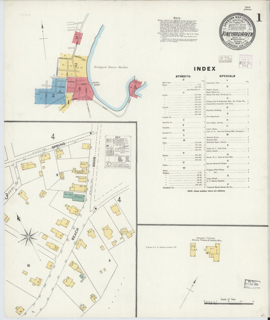 Sanborn Fire Insurance Map from Vineyard Haven, Dukes County, Massachusetts (1904), Sheet #0001 - Historic Sanborn Fire Insurance Map Print, vintage old map wall art, antique decor, genealogy gift, Massachusetts Massachusetts map