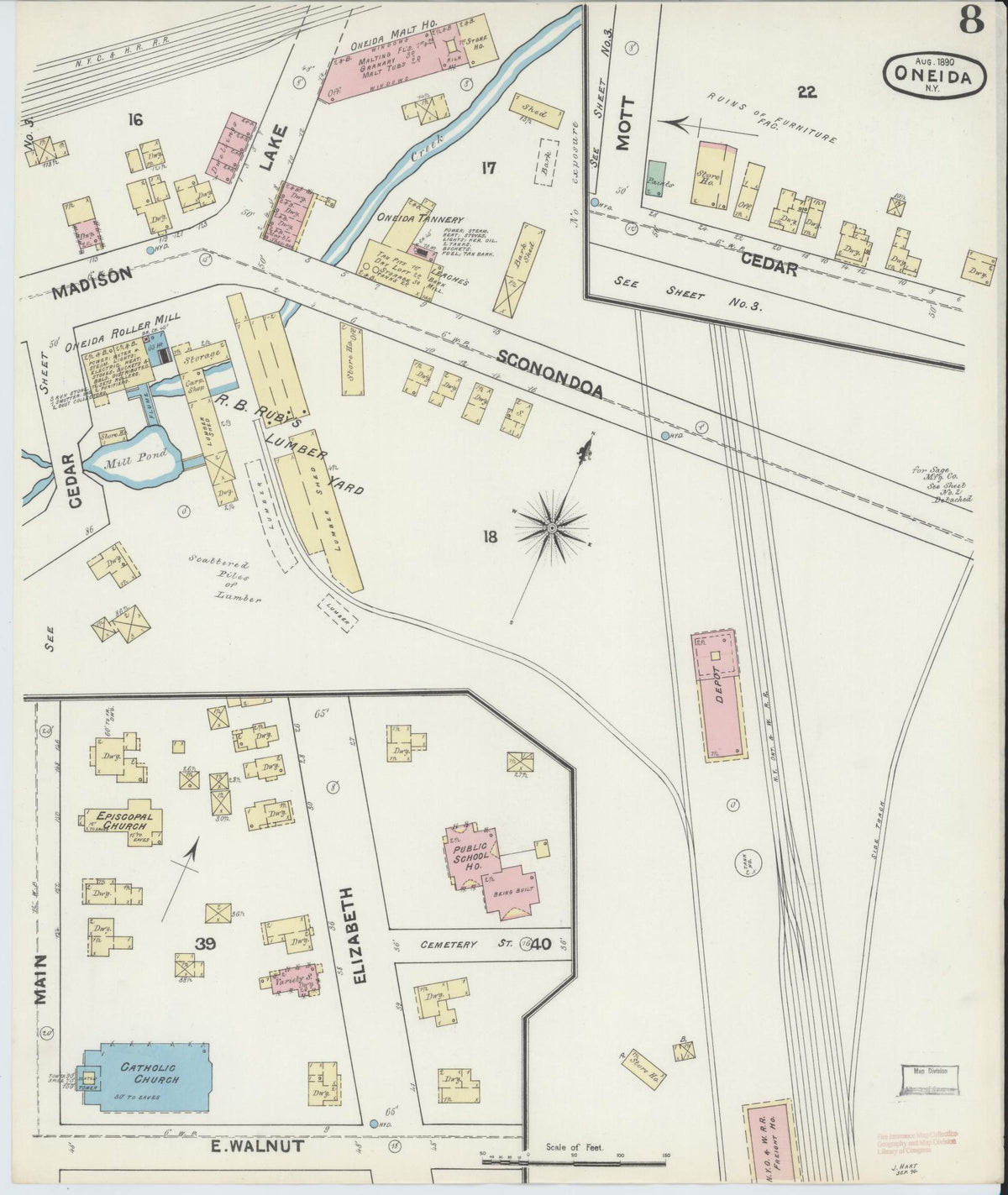Sanborn Fire Insurance Map from Oneida, Madison County, New York (1890), Sheet #0008 - Complete Map Set gallery image, historic Sanborn map, vintage wall art, New York New York