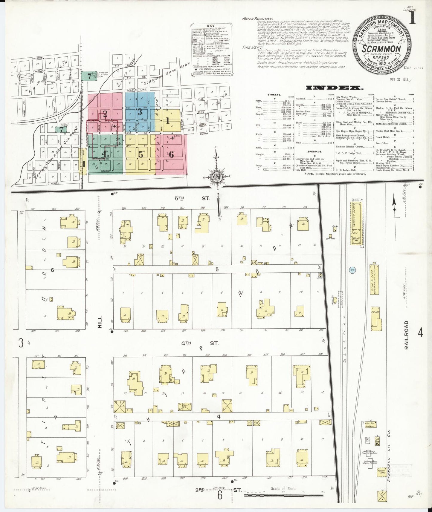 Sanborn Fire Insurance Map from Scammon, Cherokee County, Kansas (1912), Sheet #0001 - Historic Sanborn Fire Insurance Map Print, vintage old map wall art, antique decor, genealogy gift, Kansas Kansas map