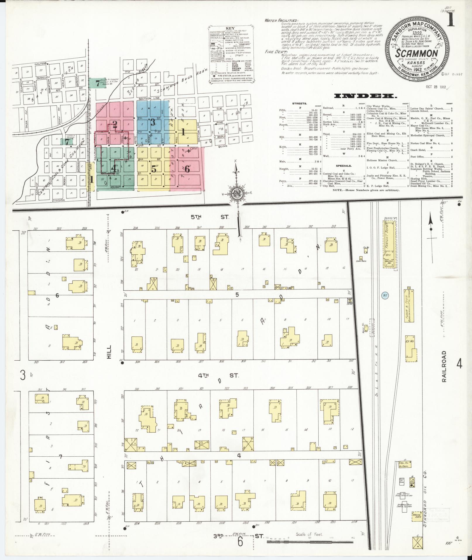 Sanborn Fire Insurance Map from Scammon, Cherokee County, Kansas (1912), Sheet #0001 - Historic Sanborn Fire Insurance Map Print, vintage old map wall art, antique decor, genealogy gift, Kansas Kansas map