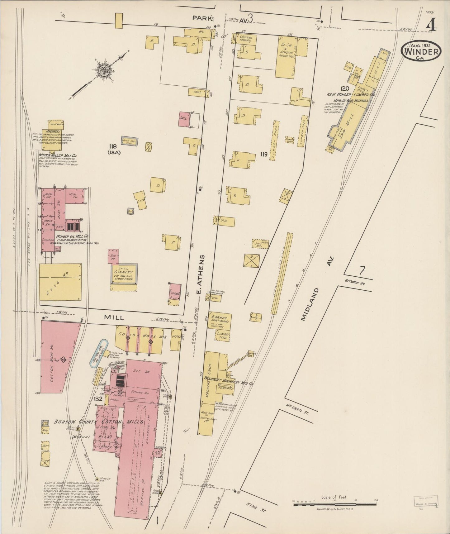 Sanborn Fire Insurance Map from Winder, Barrow County, Georgia (1921), Sheet #0004 - Complete Map Set gallery image, historic Sanborn map, vintage wall art, Georgia Georgia