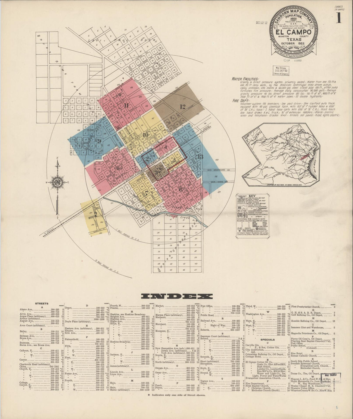 Sanborn Fire Insurance Map from El Campo, Wharton County, Texas (1922), Sheet #0001 - Historic Sanborn Fire Insurance Map Print, vintage old map wall art, antique decor, genealogy gift, Texas Texas map