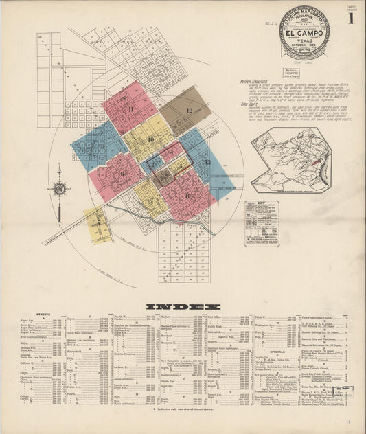 Sanborn Fire Insurance Map from El Campo, Wharton County, Texas (1922), Sheet #0001 - Historic Sanborn Fire Insurance Map Print, vintage old map wall art, antique decor, genealogy gift, Texas Texas map