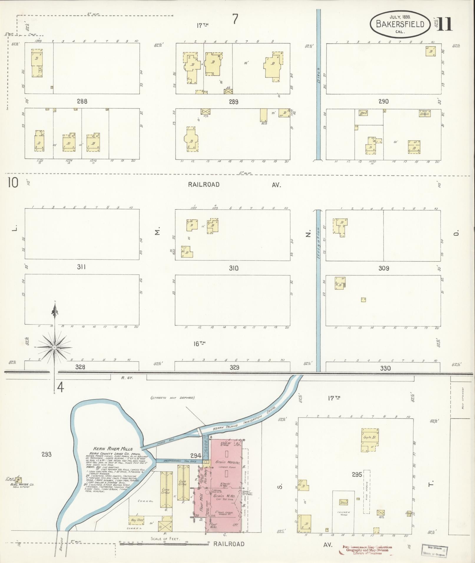 Sanborn Fire Insurance Map from Bakersfield, Kern County, California (1899), Sheet #0011 - Historic Sanborn Fire Insurance Map Print, vintage old map wall art, antique decor, genealogy gift, California California map