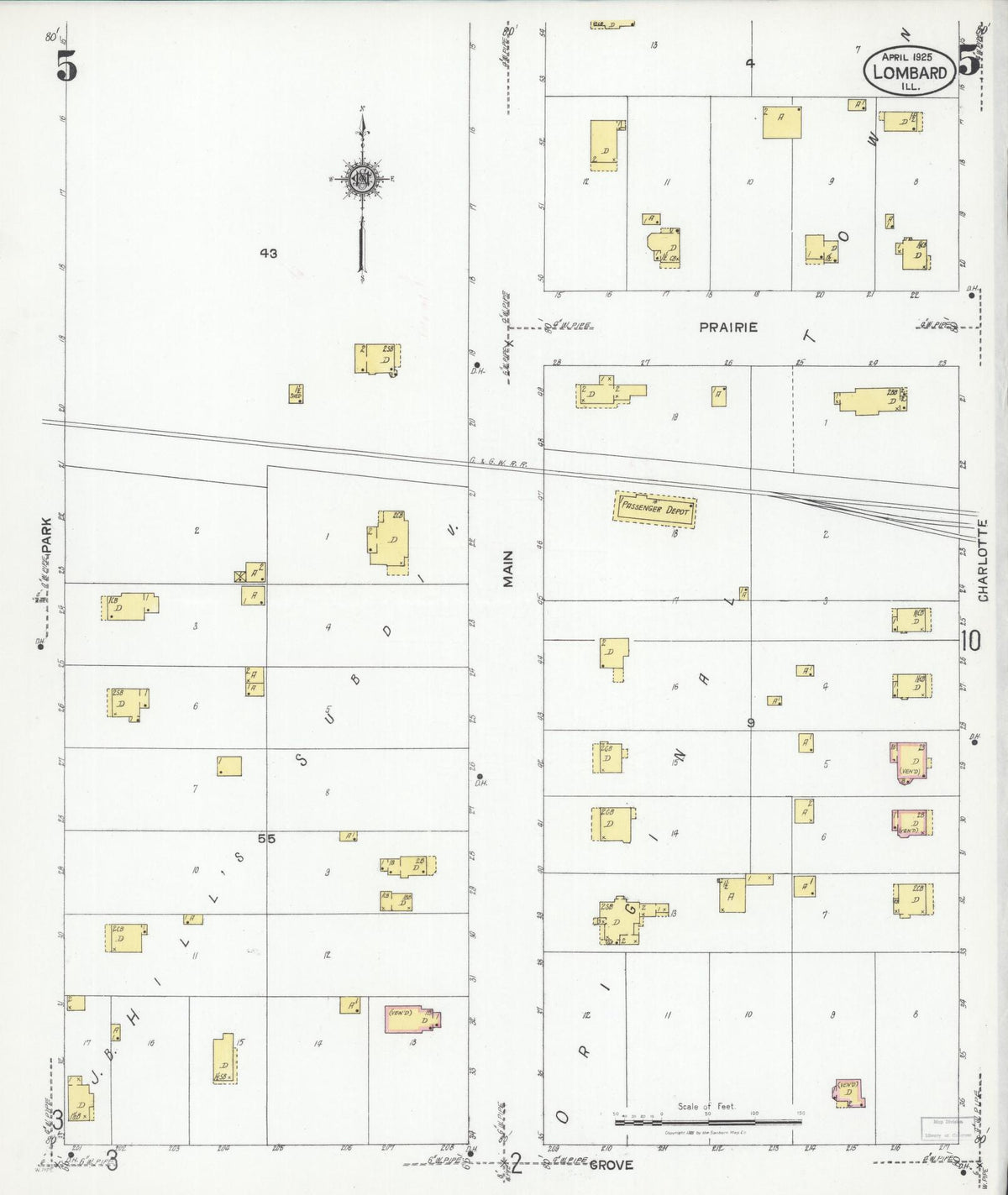Sanborn Fire Insurance Map from Lombard, Du Page County, Illinois (1925), Sheet #0005 - Historic Sanborn Fire Insurance Map Print, vintage old map wall art, antique decor, genealogy gift, Illinois Illinois map