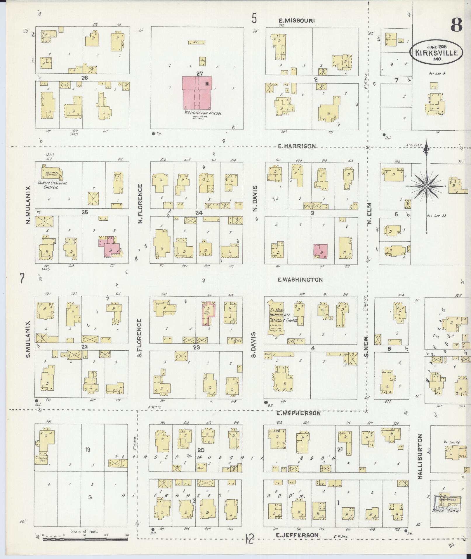 Sanborn Fire Insurance Map from Kirksville, Adair County, Missouri (1906), Sheet #0008 - Historic Sanborn Fire Insurance Map Print, vintage old map wall art, antique decor, genealogy gift, Missouri Missouri map