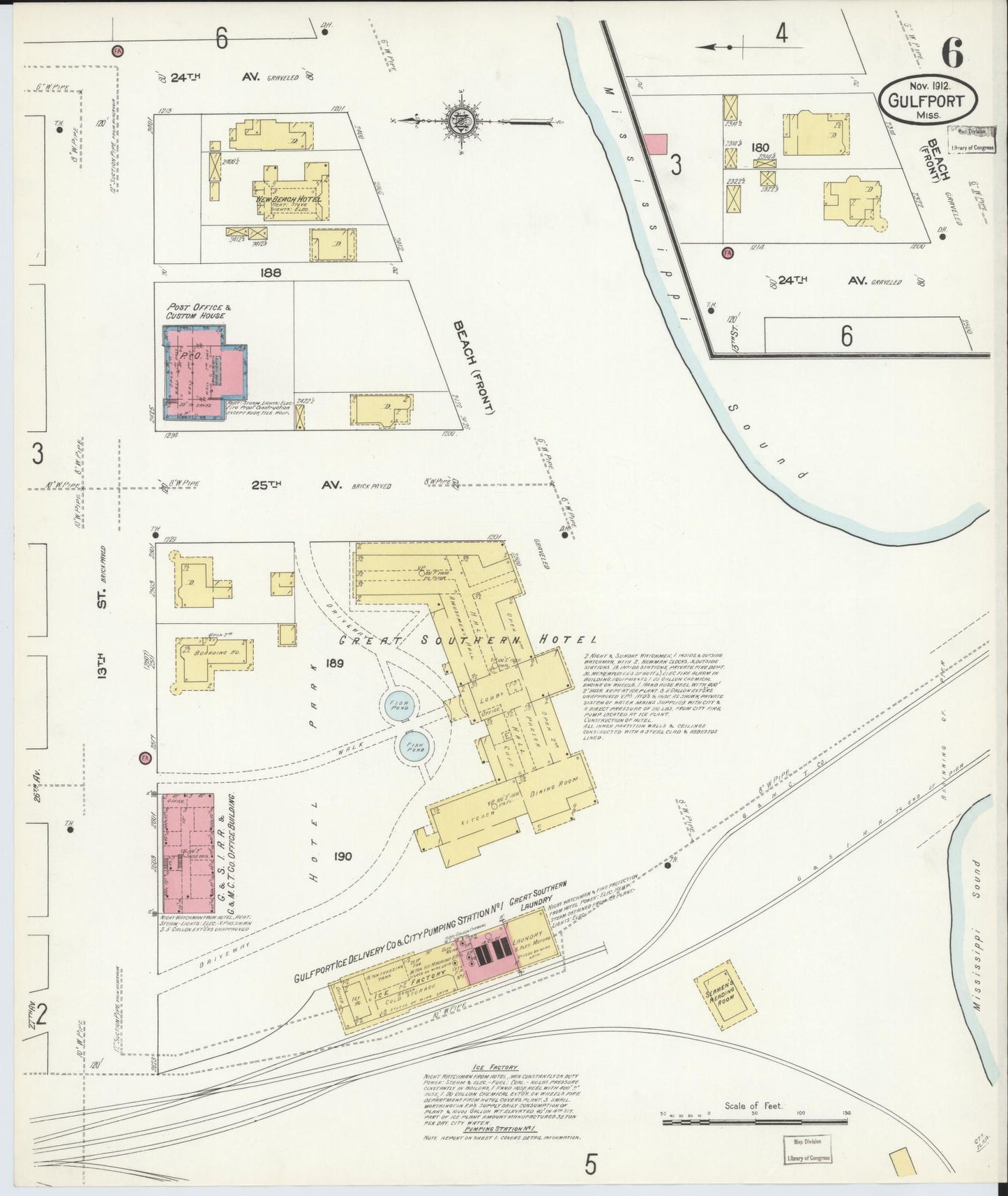 Sanborn Fire Insurance Map from Gulfport, Harrison County, Mississippi (1912), Sheet #0006 - Complete Map Set gallery image, historic Sanborn map, vintage wall art, Mississippi Mississippi