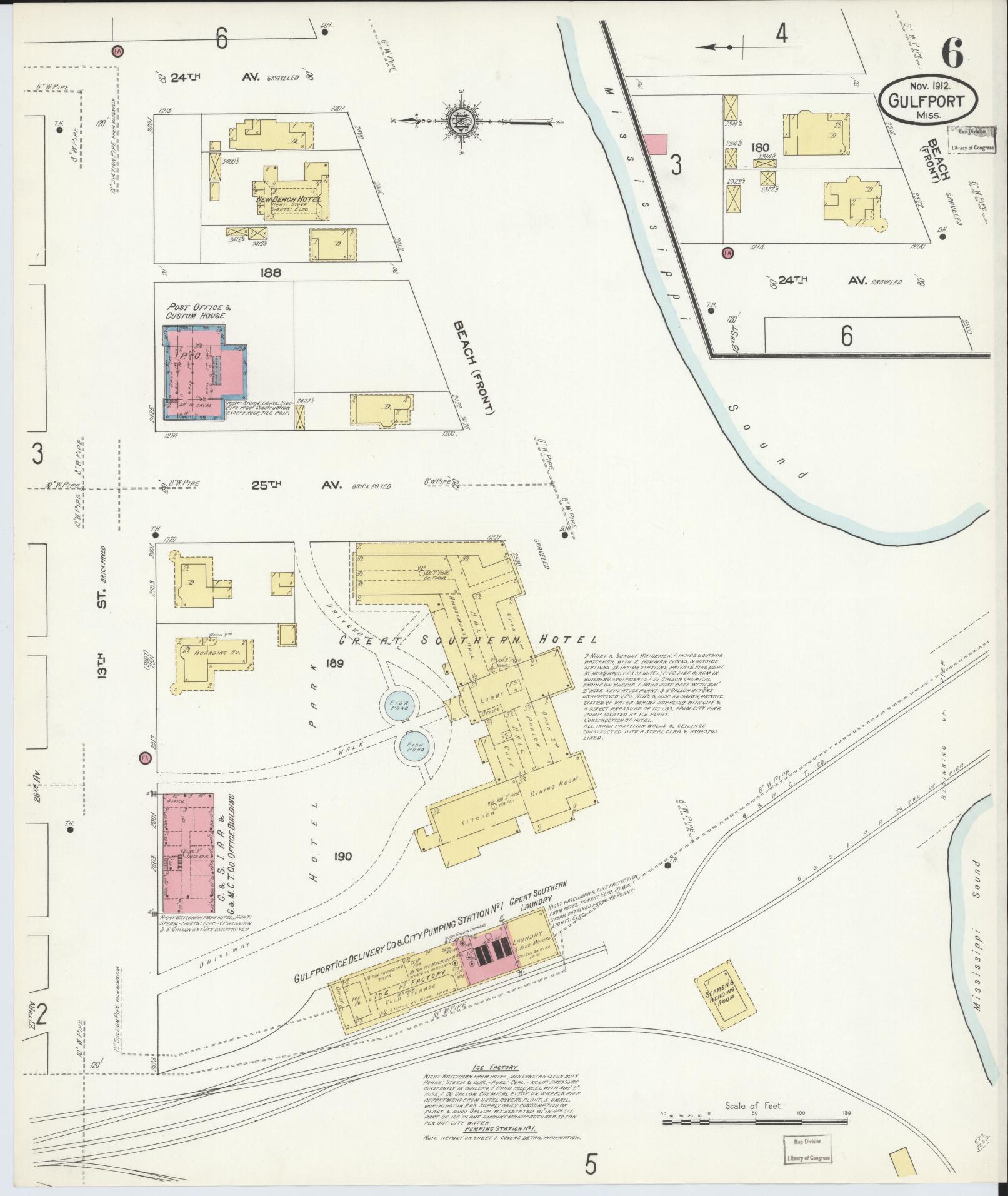 Sanborn Fire Insurance Map from Gulfport, Harrison County, Mississippi (1912), Sheet #0006 - Complete Map Set gallery image, historic Sanborn map, vintage wall art, Mississippi Mississippi