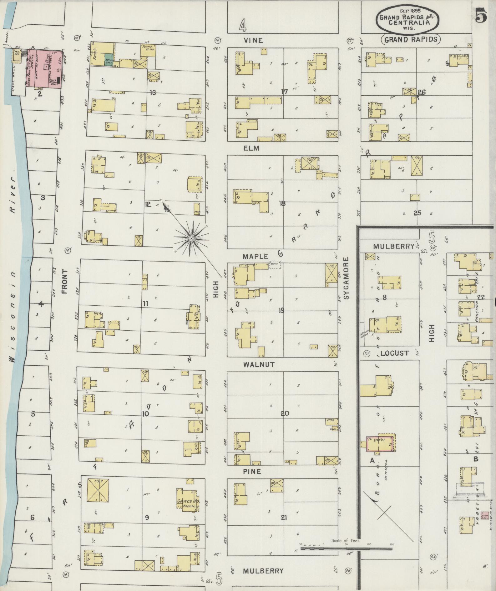 Sanborn Fire Insurance Map from Grand Rapids, Wood County, Wisconsin (1895), Sheet #0005 - Historic Sanborn Fire Insurance Map Print, vintage old map wall art, antique decor, genealogy gift, Wisconsin Wisconsin map