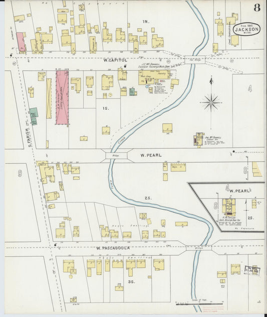 Sanborn Fire Insurance Map from Jackson, Hinds County, Mississippi (1895), Sheet #0008 - Historic Sanborn Fire Insurance Map Print, vintage old map wall art, antique decor, genealogy gift, Mississippi Mississippi map