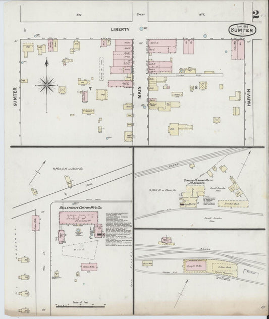 Sanborn Fire Insurance Map from Sumter, Sumter County, South Carolina (1889), Sheet #0002 - Historic Sanborn Fire Insurance Map Print, vintage old map wall art, antique decor, genealogy gift, South Carolina South Carolina map