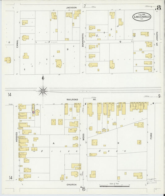 Sanborn Fire Insurance Map from Lake Charles, Calcasieu Parish, Louisiana (1909), Sheet #0008 - Historic Sanborn Fire Insurance Map Print, vintage old map wall art, antique decor, genealogy gift, Louisiana Louisiana map