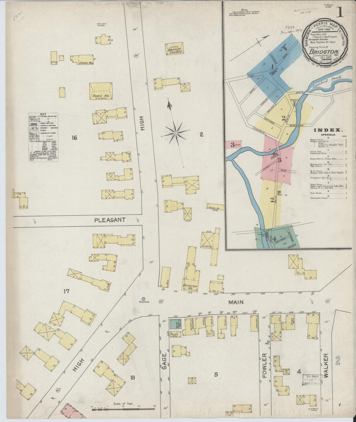 Sanborn Fire Insurance Map from Bridgton, Cumberland County, Maine (1892), Sheet #0001 - Complete Map Set gallery image, historic Sanborn map, vintage wall art, Maine Maine