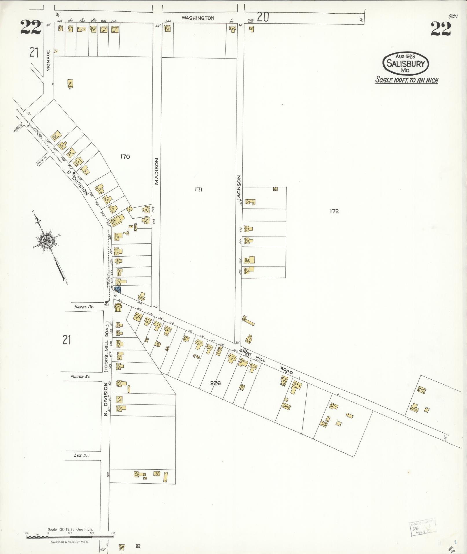 Sanborn Fire Insurance Map from Salisbury, Wicomico County, Maryland (1923), Sheet #0022 - Historic Sanborn Fire Insurance Map Print, vintage old map wall art