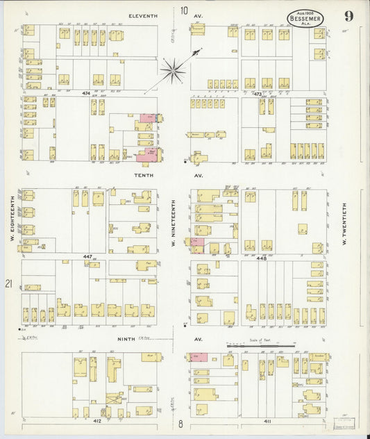 Sanborn Fire Insurance Map from Bessemer, Jefferson County, Alabama (1908), Sheet #0009 - Historic Sanborn Fire Insurance Map Print, vintage old map wall art, antique decor, genealogy gift, Alabama Alabama map