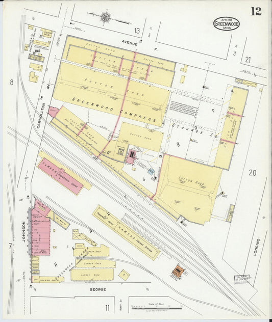 Sanborn Fire Insurance Map from Greenwood, Leflore County, Mississippi (1918), Sheet #0012 - Historic Sanborn Fire Insurance Map Print, vintage old map wall art, antique decor, genealogy gift, Mississippi Mississippi map