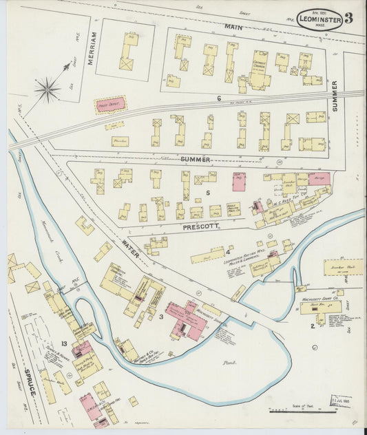 Sanborn Fire Insurance Map from Leominster, Worcester County, Massachusetts (1891), Sheet #0003 - Historic Sanborn Fire Insurance Map Print, vintage old map wall art, antique decor, genealogy gift, Massachusetts Massachusetts map