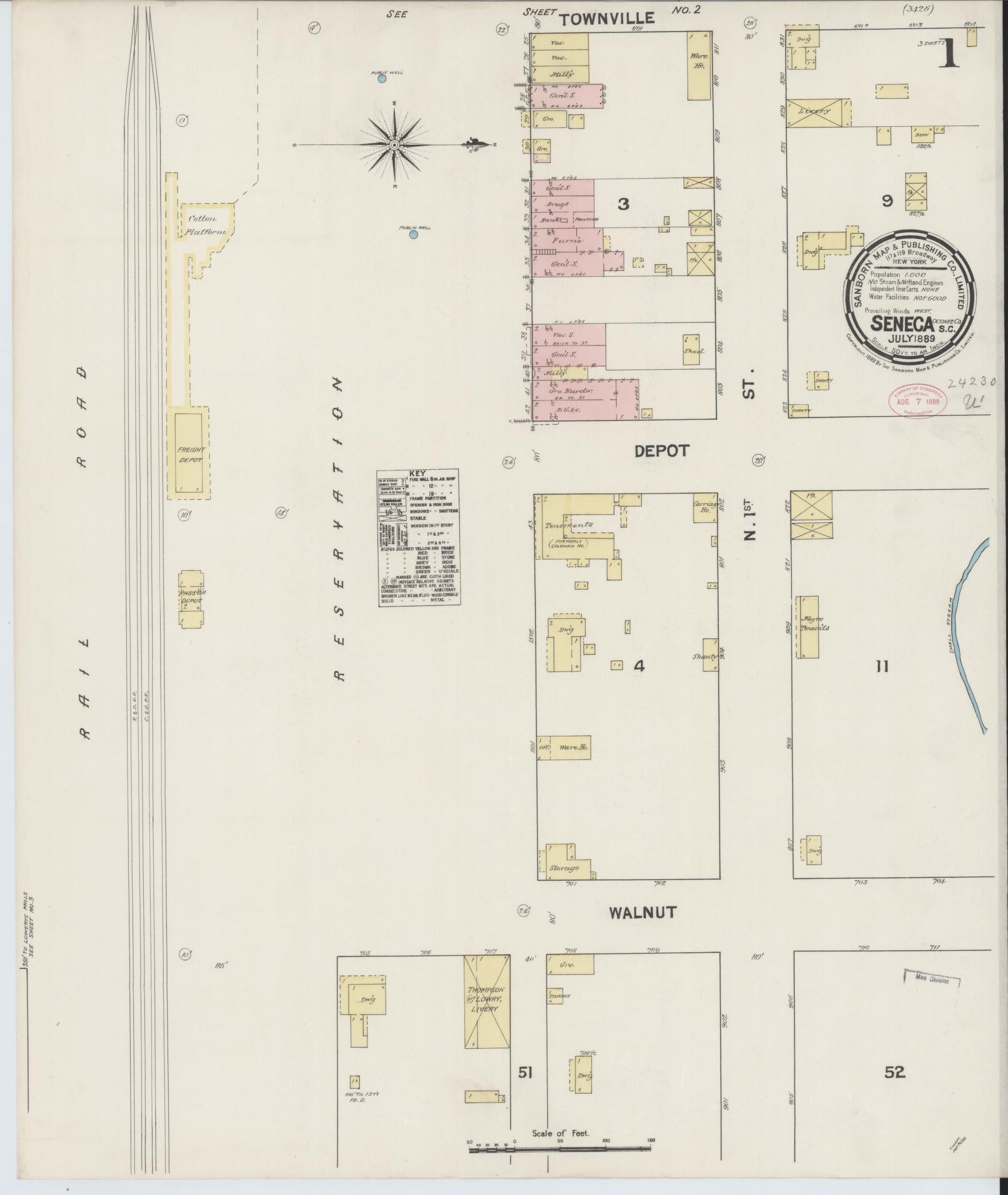 Sanborn Fire Insurance Map from Seneca, Oconee County, South Carolina (1889), Sheet #0001 - Historic Sanborn Fire Insurance Map Print, vintage old map wall art, antique decor, genealogy gift, South Carolina South Carolina map