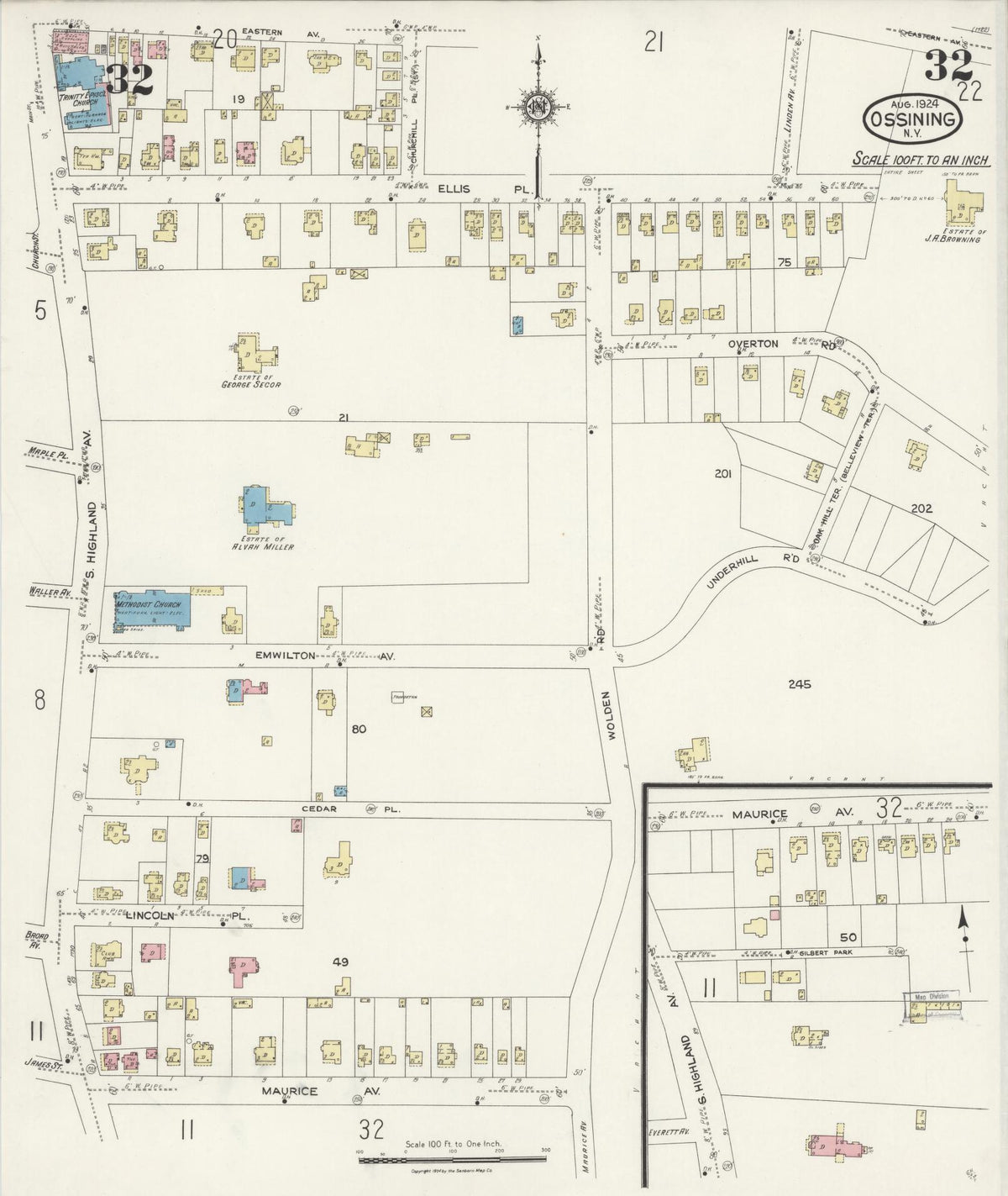 Sanborn Fire Insurance Map from Ossining, Westchester County, New York (1924), Sheet #0032 - Historic Sanborn Fire Insurance Map Print, vintage old map wall art, antique decor, genealogy gift, New York New York map