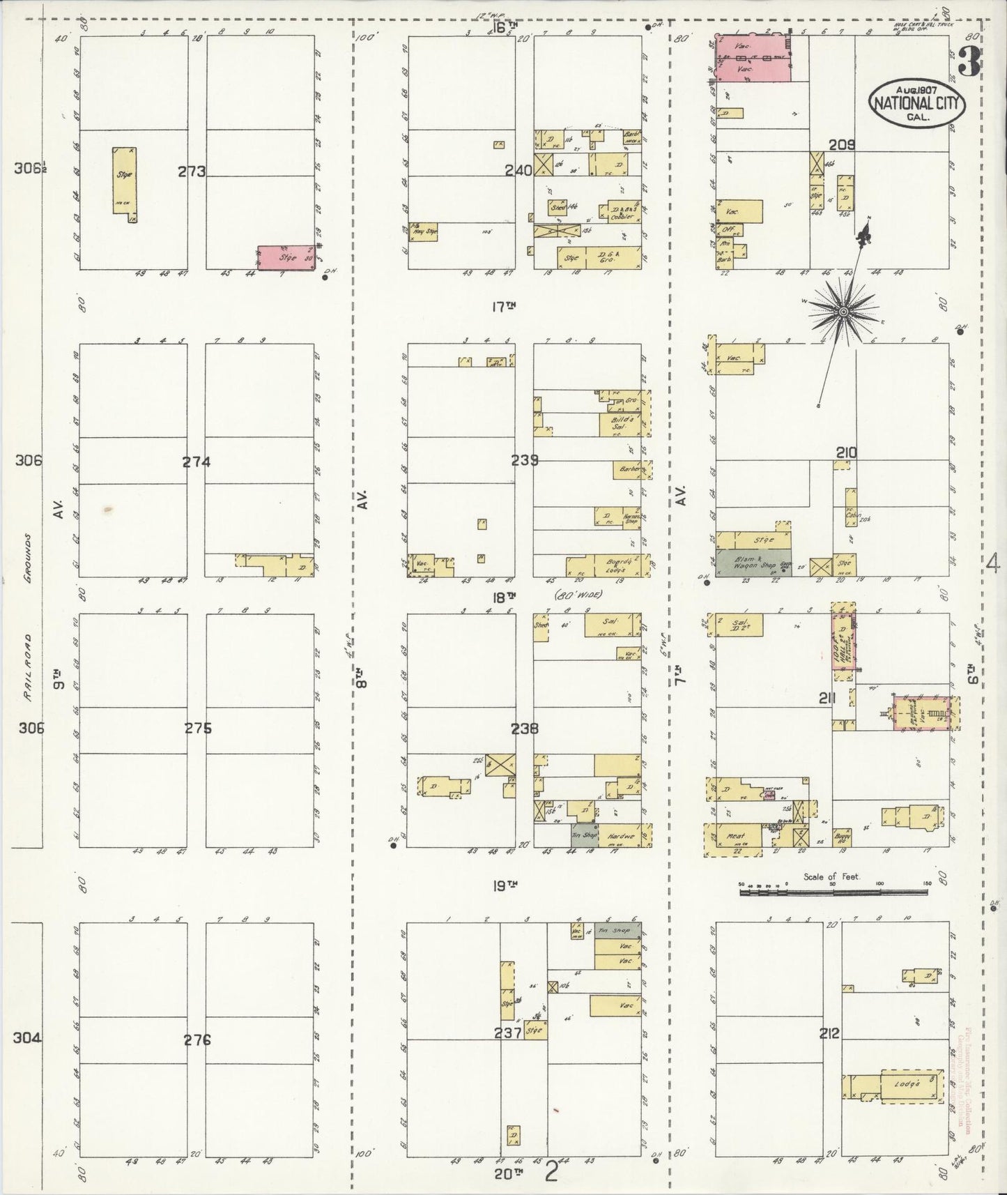 Sanborn Fire Insurance Map from National City, San Diego County, California (1907), Sheet #0003 - Complete Map Set gallery image, historic Sanborn map, vintage wall art, California California